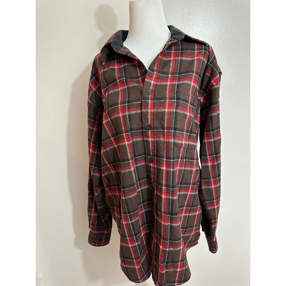 Pendleton Lodge Shirt Mens Medium Brown Red Plaid 100% Virgin Wool Button Down